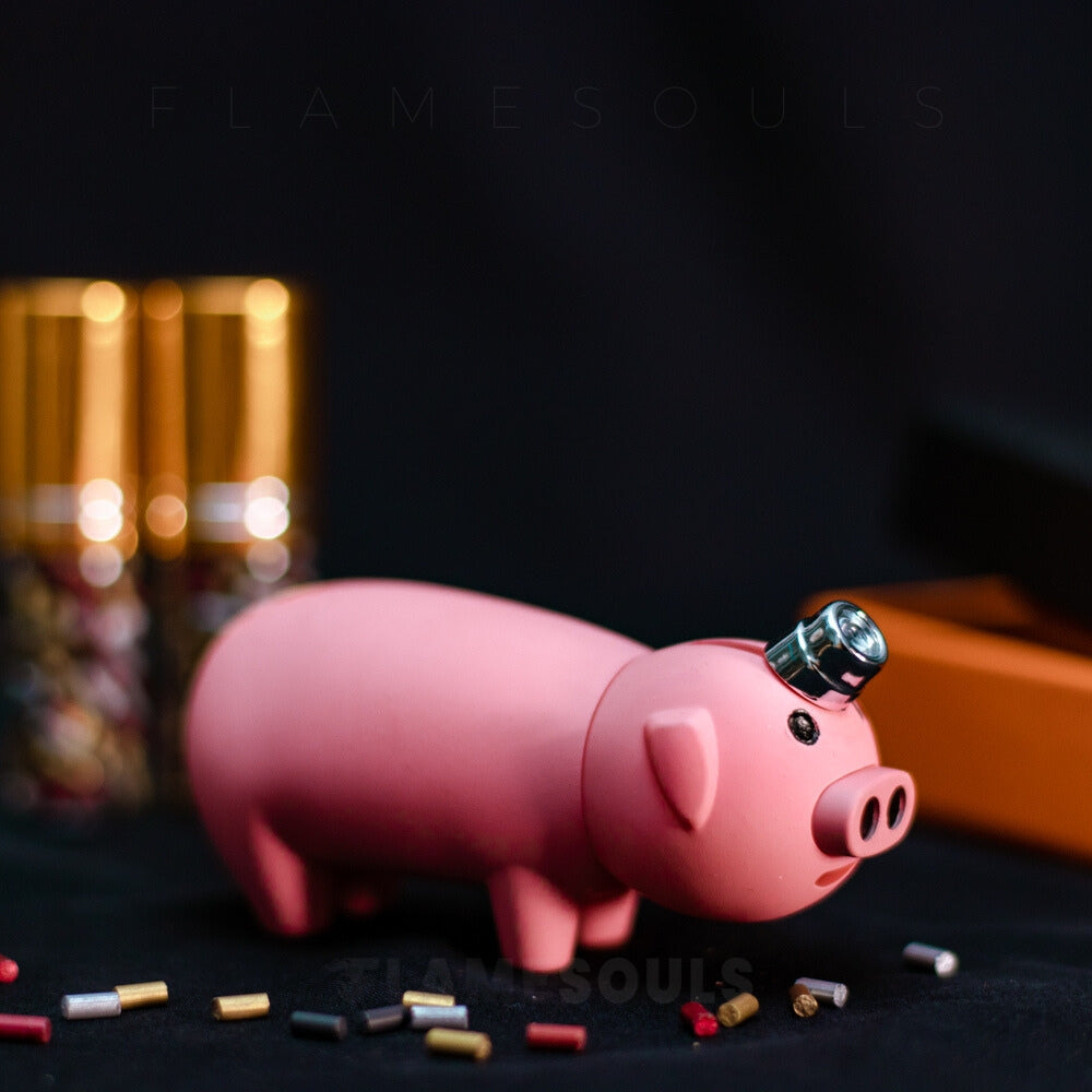 Pig-shaped lighter with whimsical pig design, featuring FlameSouls logo